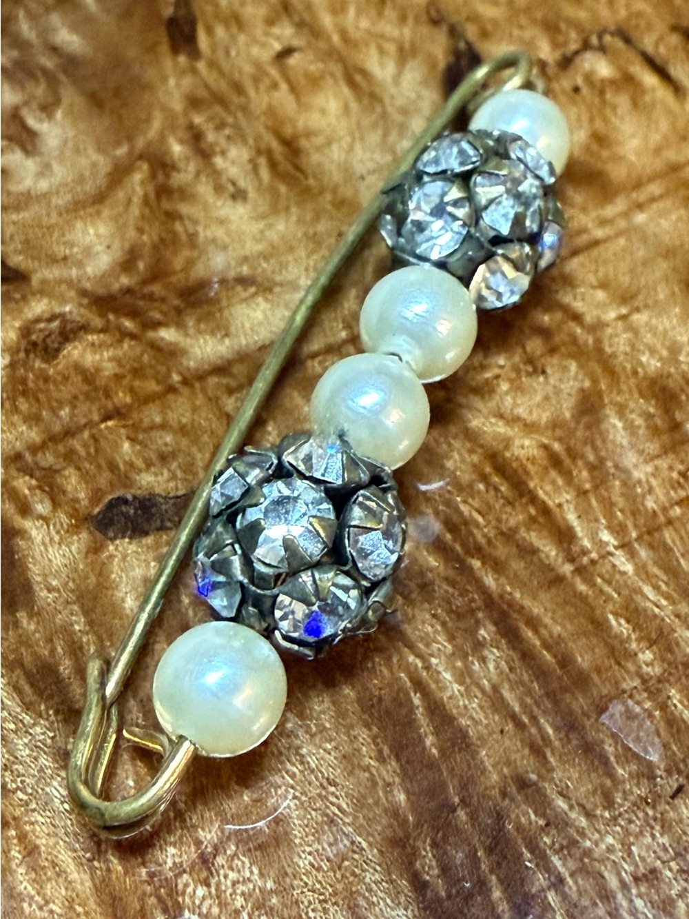 Vintage Handmade Gold-Tone  Pin  with Pearl & Crystal Accents